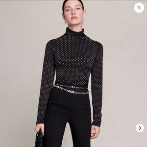 Maje Sparkly Black Stretch Turtleneck with Crystals